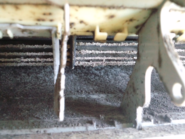 エアコンの送風ファンの汚れ。エアコンから嫌な臭いがしたばあいは、このくらい汚れていることも多い。